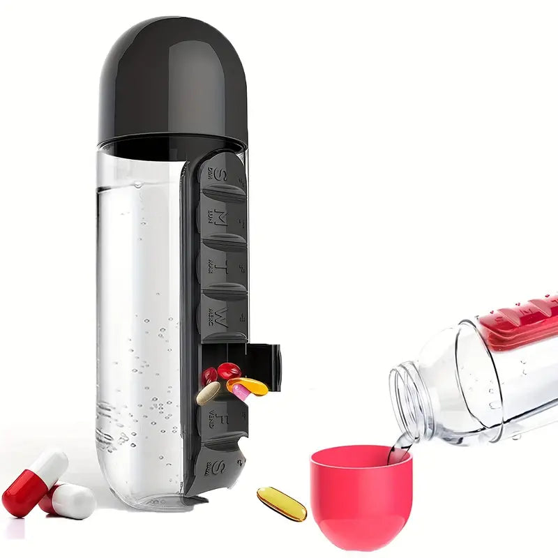 Botella de Agua de Viaje 2 en 1 con Pastillero (600ml)