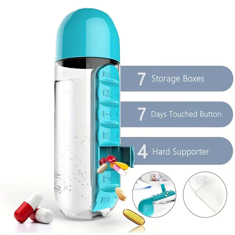 Botella de Agua de Viaje 2 en 1 con Pastillero (600ml)