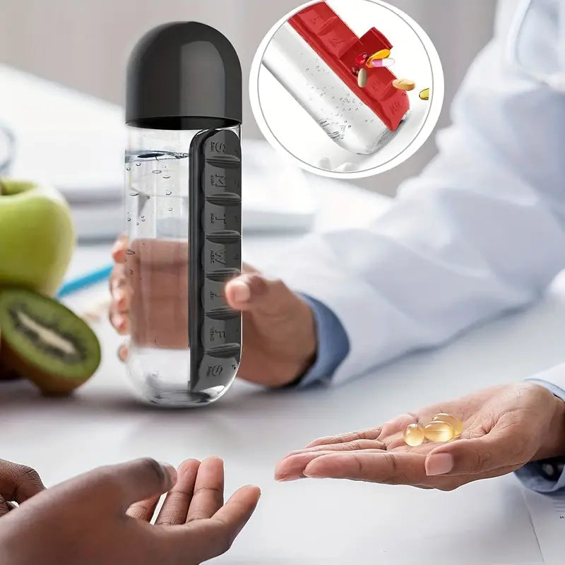 Botella de Agua de Viaje 2 en 1 con Pastillero (600ml)