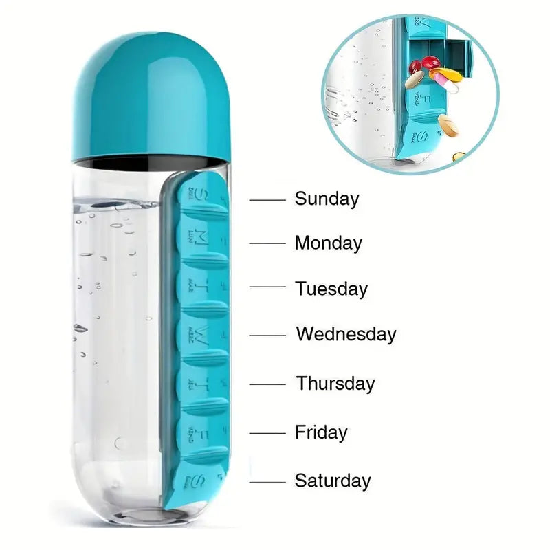 Botella de Agua de Viaje 2 en 1 con Pastillero (600ml)