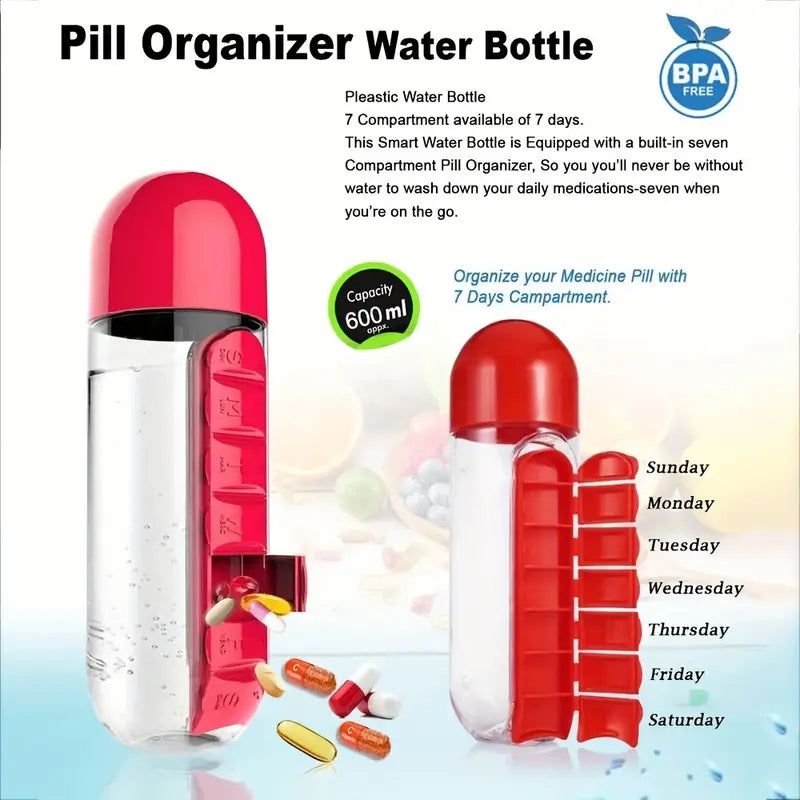 Botella de Agua de Viaje 2 en 1 con Pastillero (600ml)